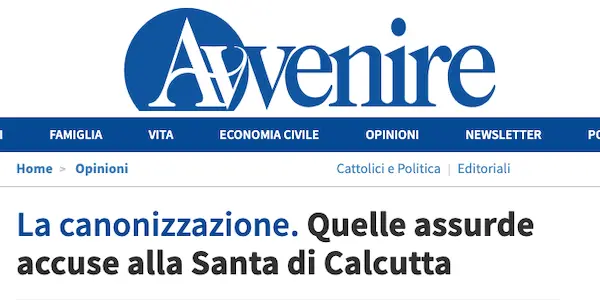 Screenshot dell’articolo di Avvenire sulle accuse a Madre Teresa