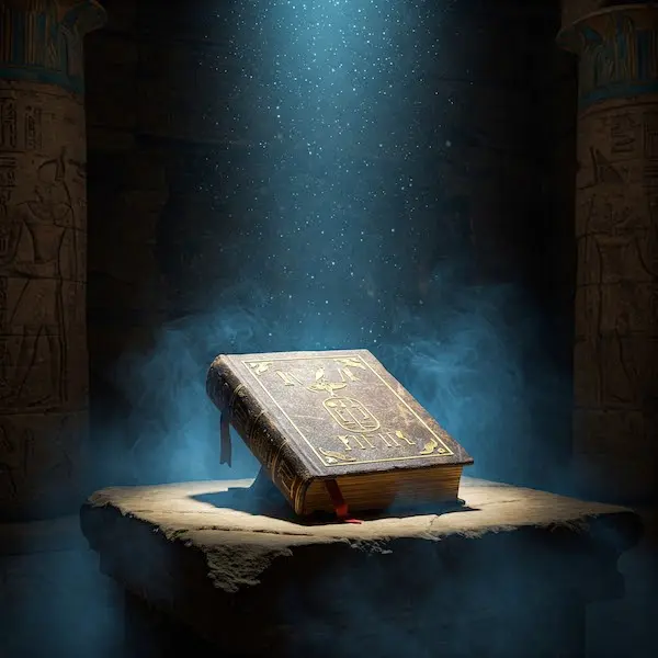 Libro di Thoth su altare, geroglifici dorati, tempio egizio IA