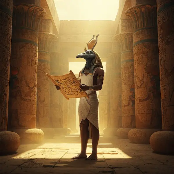 Thoth ibis con libro in mano, stile fotografico realistico IA