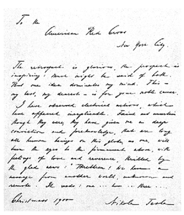 lettera scritta da Nikola Tesla