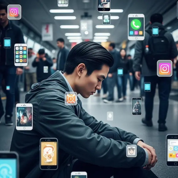 Persona sola tra smartphone e social, isolamento.