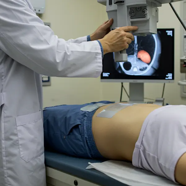 Paziente con cerotto NanoFLUID, medico controlla terapia su schermo IA